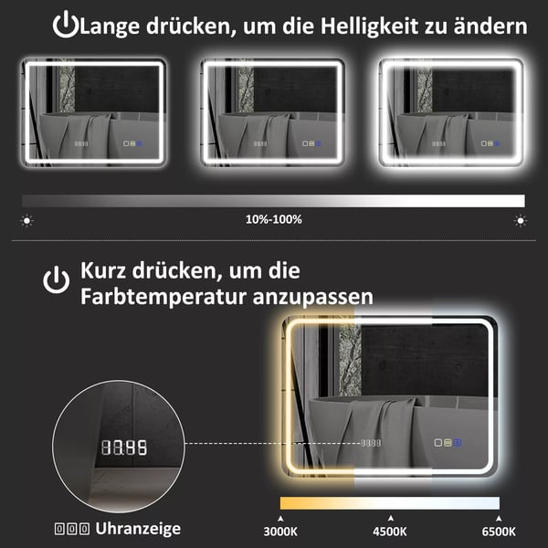 Badspegel med LED-belysning, Bluetooth och klocka, 70x90 cm, Silver, Härdat glas, Imfri