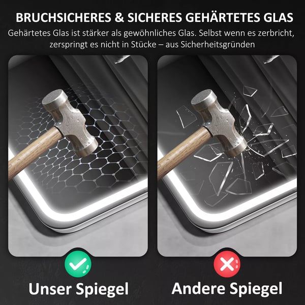 Badspegel med LED-belysning, Bluetooth och klocka, 70x90 cm, Silver, Härdat glas, Imfri