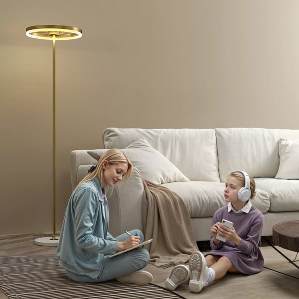 LED Golvlampa i Metall, Guld, Dimbar med Fotströmbrytare - Perfekt för Vardagsrum och Sovrum