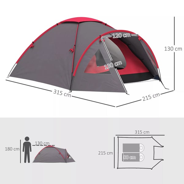 Outsunny campingtelt til 3 personer - Vandtæt, UV50+ kuppeltelt i polyester, grå, med veranda og bundplade. Ideel til camping og rejser.