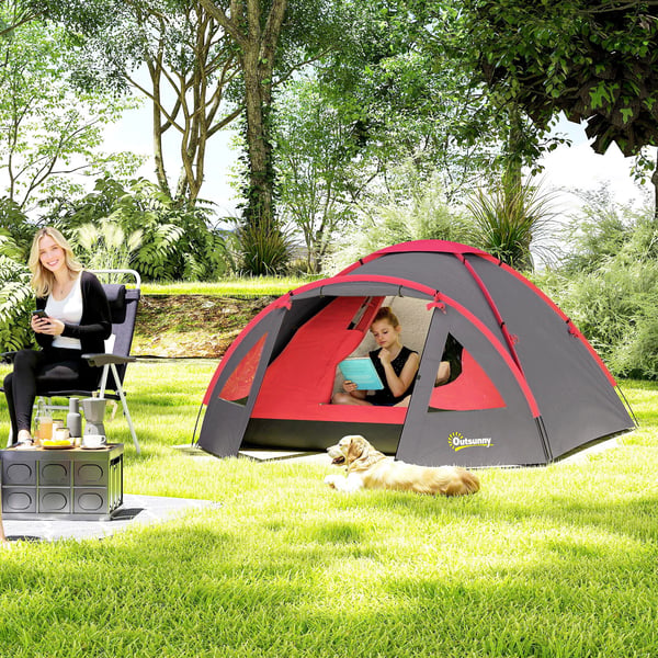 Outsunny campingtelt til 3 personer - Vandtæt, UV50+ kuppeltelt i polyester, grå, med veranda og bundplade. Ideel til camping og rejser.