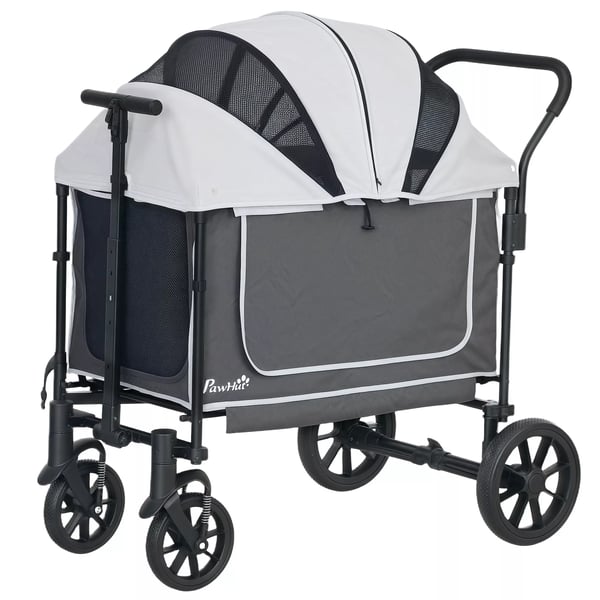 PawHut Hundevogn (Mørkegrå, Polyester) - Foldbar, Kapacitet 30kg, Mesh-vinduer, Opbevaring