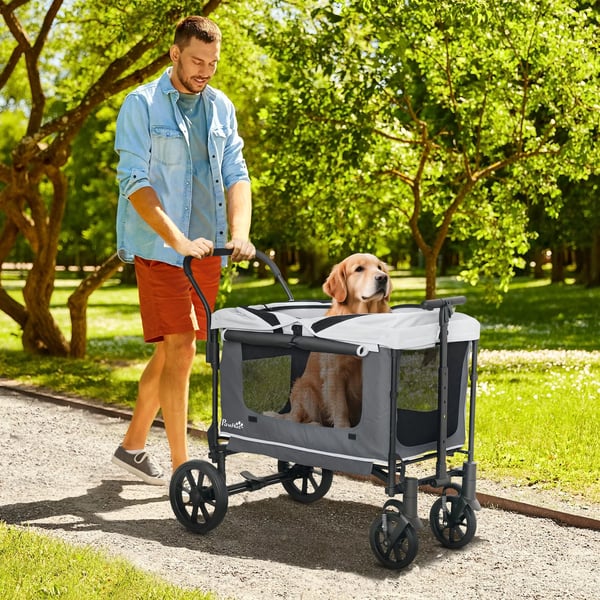 PawHut Hundevogn (Mørkegrå, Polyester) - Foldbar, Kapacitet 30kg, Mesh-vinduer, Opbevaring