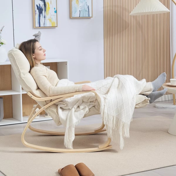 HOMCOM Gyngestol med ryglæn, justerbar fodstøtte, linnedlook, polyester, cremefarvet