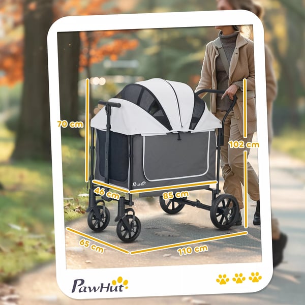 PawHut Hundevogn (Mørkegrå, Polyester) - Foldbar, Kapacitet 30kg, Mesh-vinduer, Opbevaring