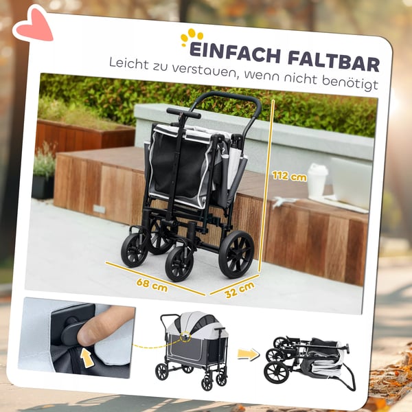 PawHut Hundevogn (Mørkegrå, Polyester) - Foldbar, Kapacitet 30kg, Mesh-vinduer, Opbevaring