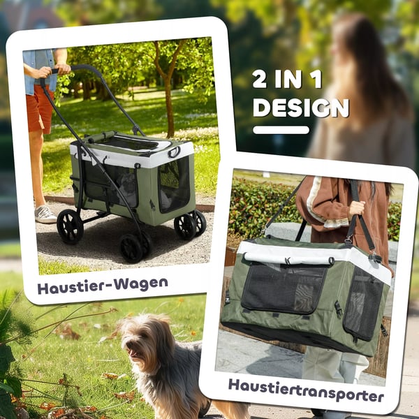 PawHut 2-i-1 Hundevogn/Klapvogn til Hunde & Katte op til 10 kg, Foldbar, Mørkegrøn