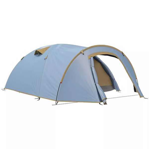 Outsunny 4-personers campingtunnel telt i lyseblå polyester, vandtæt med 2000 mm søjletryk, UPF50+, ideelt til rejser og trekking