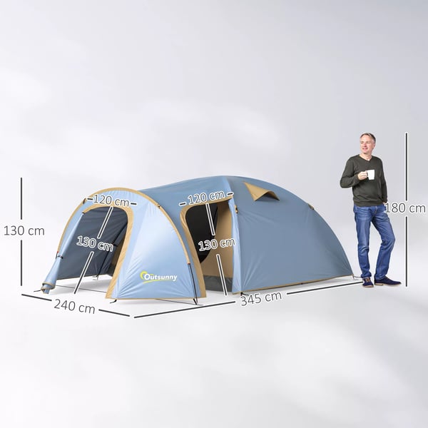 Outsunny 4-personers campingtunnel telt i lyseblå polyester, vandtæt med 2000 mm søjletryk, UPF50+, ideelt til rejser og trekking