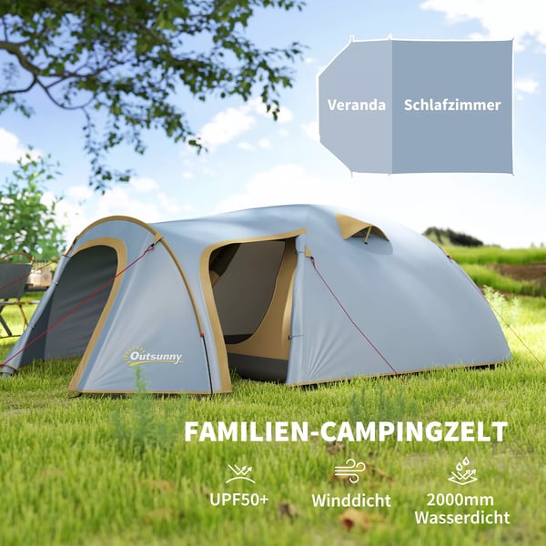 Outsunny 4-personers campingtunnel telt i lyseblå polyester, vandtæt med 2000 mm søjletryk, UPF50+, ideelt til rejser og trekking