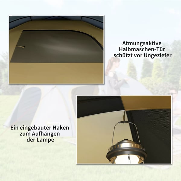 Outsunny 4-personers campingtunnel telt i lyseblå polyester, vandtæt med 2000 mm søjletryk, UPF50+, ideelt til rejser og trekking