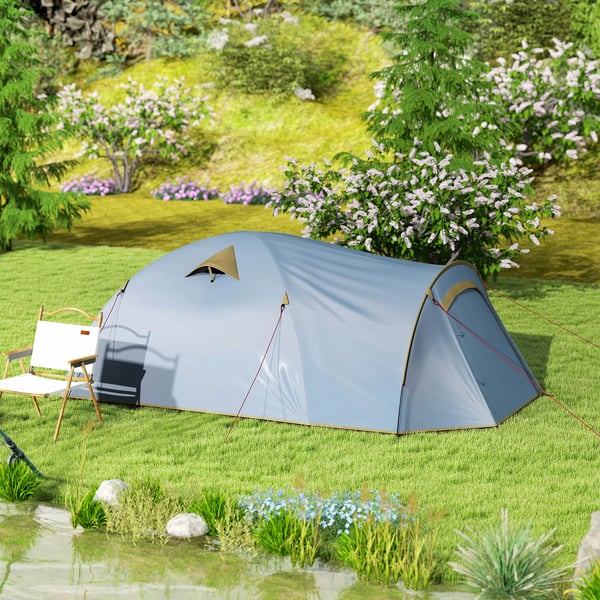 Outsunny 4-personers campingtunnel telt i lyseblå polyester, vandtæt med 2000 mm søjletryk, UPF50+, ideelt til rejser og trekking
