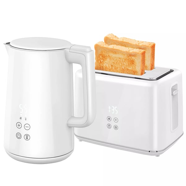 Kombiset Vattenkokare & Brödrost - Vit, 1.5L, 2200W, 7 rostningsnivåer, med tinings- & uppvärmningsfunktion