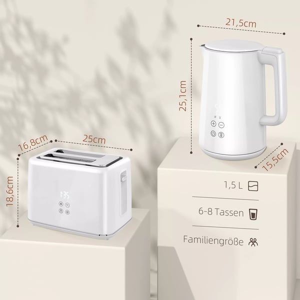 Kombiset Vattenkokare & Brödrost - Vit, 1.5L, 2200W, 7 rostningsnivåer, med tinings- & uppvärmningsfunktion