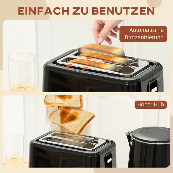 HOMCOM Kedel og BrCdrister SCt - 1.5L elkedel, 2-skive brCdrister, 2200W, 7 ristegrader, optCningsfunktion, sort