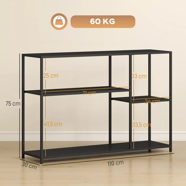 HOMCOM Konsolbord med 4 hylder, stålramme, til entré/gang, 110x30x75 cm, sort