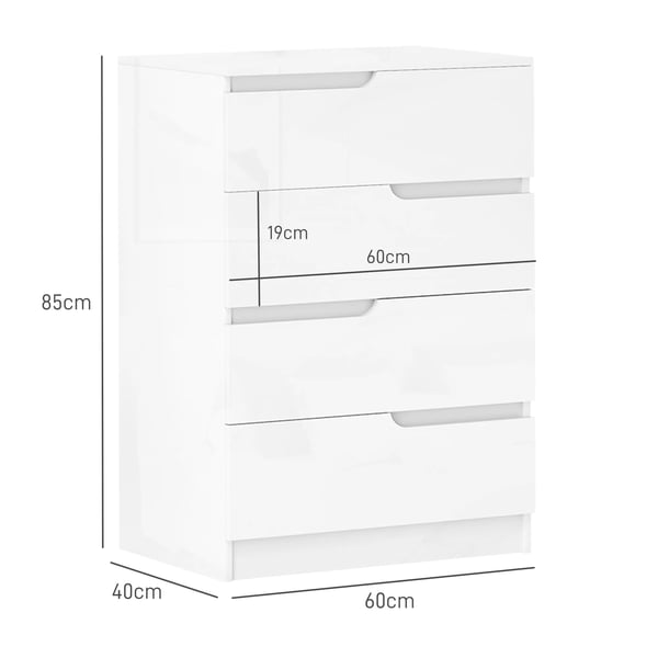 HOMCOM kommode sideskab med 4 skuffer, skuffekommode til stue, soveværelse, højglans hvid 60 x 40 x 85 cm