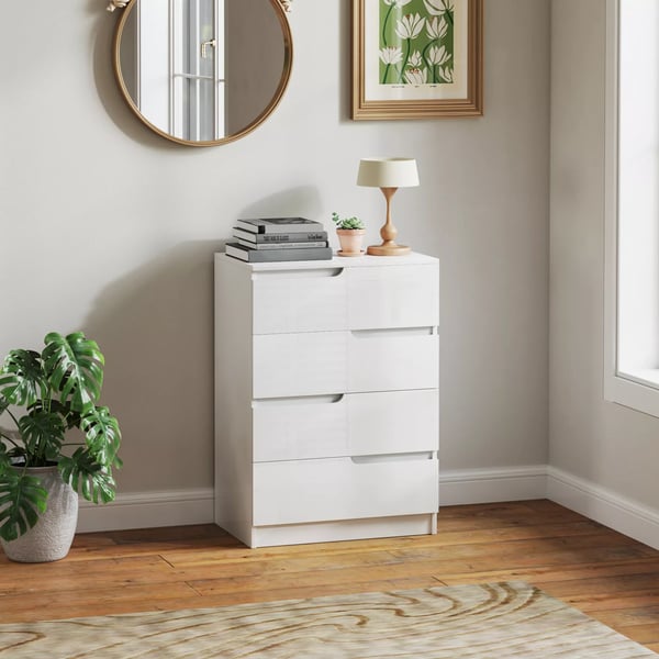 HOMCOM kommode sideskab med 4 skuffer, skuffekommode til stue, soveværelse, højglans hvid 60 x 40 x 85 cm