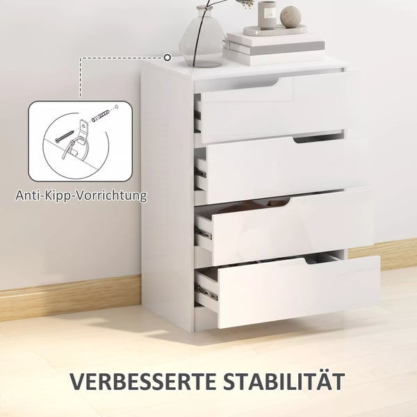 HOMCOM kommode sideskab med 4 skuffer, skuffekommode til stue, soveværelse, højglans hvid 60 x 40 x 85 cm