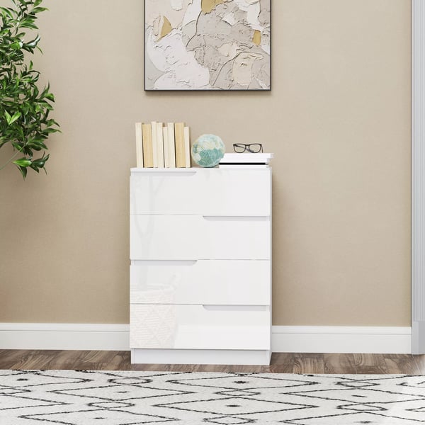 HOMCOM kommode sideskab med 4 skuffer, skuffekommode til stue, soveværelse, højglans hvid 60 x 40 x 85 cm