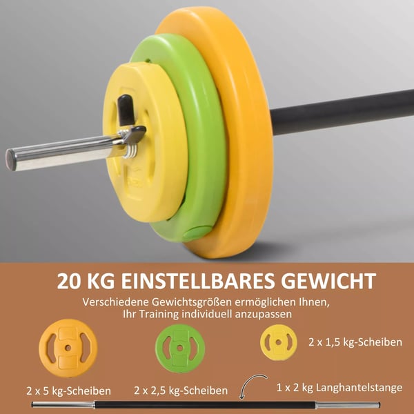 HOMCOM Vægtstangssæt 20 kg - Metal, skridsikkert greb, orange/grøn/gul