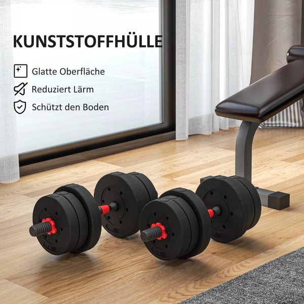 säädettävä käsipainosetti 20 kg (2in1 lyhyt/pitkä tanko) voimaharjoitteluun ja painonnostoon kotiin - Musta, Muovi