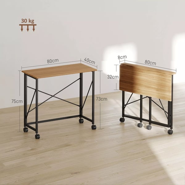 HOMCOM sammenklappeligt skrivebord, lille 80 cm klapbord med hjul, pladsbesparende computerbord til hjemmekontor, eg