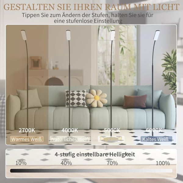 HOMCOM LED Gulvlampe, Stående Lampe med Fjernbetjening, Justerbar Svanehals, Timer, Hukommelse - Sort, Stål