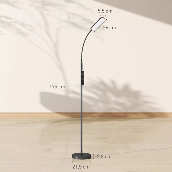 HOMCOM LED Gulvlampe, Stående Lampe med Fjernbetjening, Justerbar Svanehals, Timer, Hukommelse - Sort, Stål