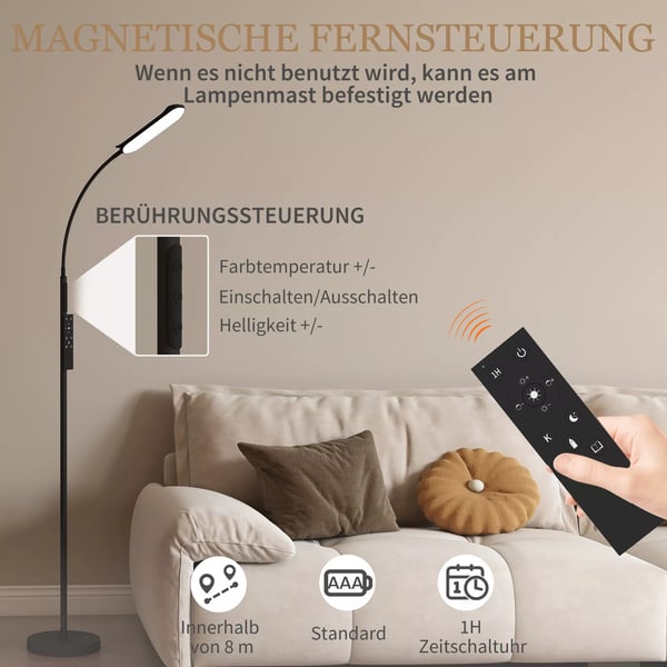 HOMCOM LED Gulvlampe, Stående Lampe med Fjernbetjening, Justerbar Svanehals, Timer, Hukommelse - Sort, Stål