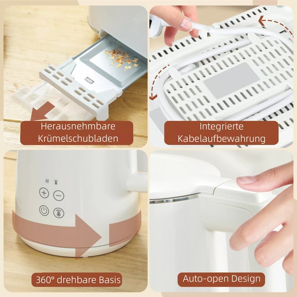 Kombiset Vattenkokare & Brödrost - Vit, 1.5L, 2200W, 7 rostningsnivåer, med tinings- & uppvärmningsfunktion