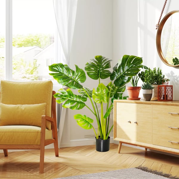 HOMCOM Kunstig Monstera Plante med Potte, Grøn/Sort, 110 cm