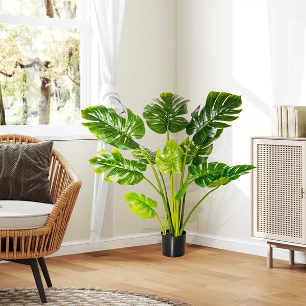 HOMCOM Kunstig Monstera Plante med Potte, Grøn/Sort, 110 cm