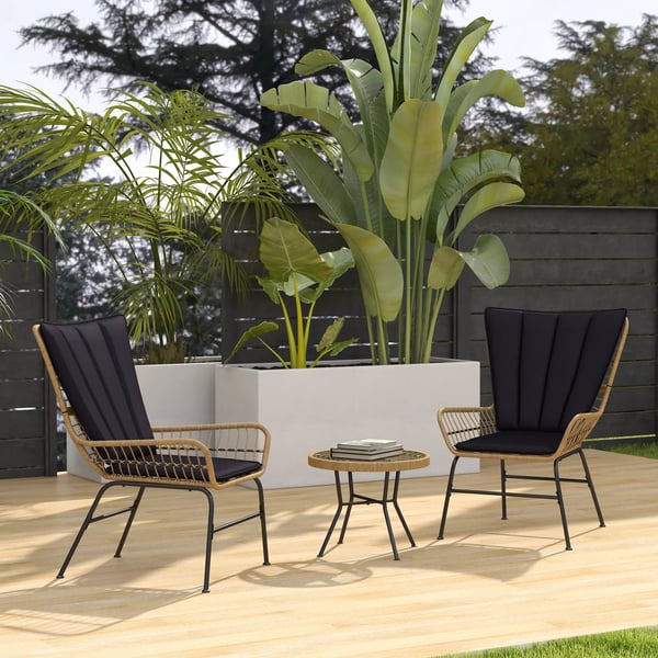 Outsunny 3-delt Rattan Loungesæt m. 2 stole & glasbord - Sort/Natur
