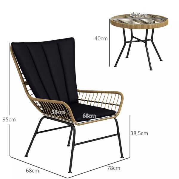 Outsunny 3-delt Rattan Loungesæt m. 2 stole & glasbord - Sort/Natur