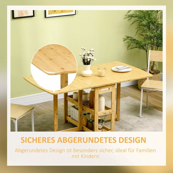 HOMCOM Klapbord, spisebord i bambus, naturtræ, med opbevaring, 149,5 x 80 x 73,5 cm