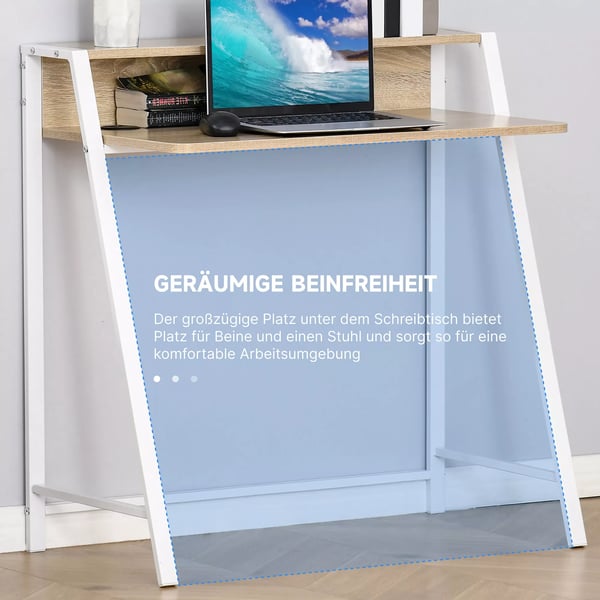 HOMCOM Skrivebord, moderne computertisk med opbevaringshylde & kabelgennemføring, metalstel, hvid+eg, 84x45x85cm