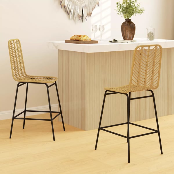 HOMCOM Barstole Sæt med 2, PE-Rattan, Ryglæn, Boho Gul Køkkenstole