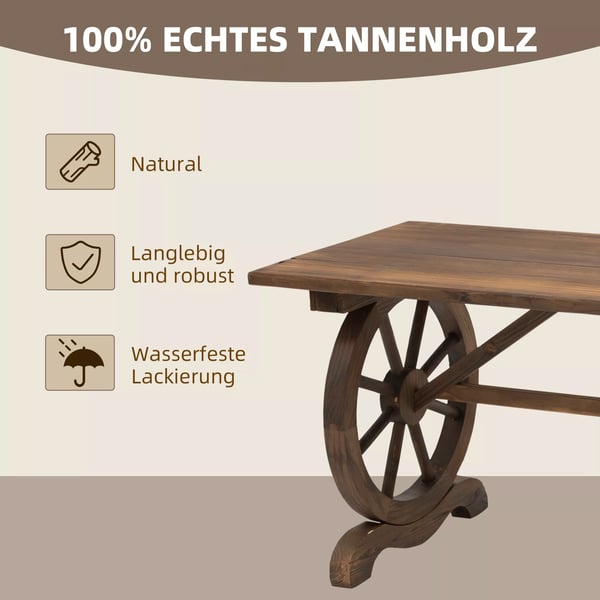 Outsunny havebord, massivt træ, altanbord, træbord, hjulformet, vejrbestandig, natur, 113 x B60 x H65 cm
