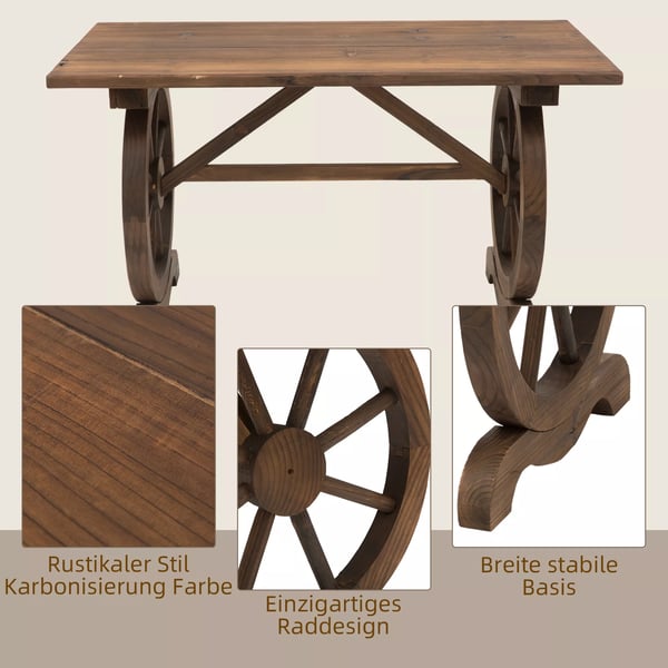 Outsunny havebord, massivt træ, altanbord, træbord, hjulformet, vejrbestandig, natur, 113 x B60 x H65 cm