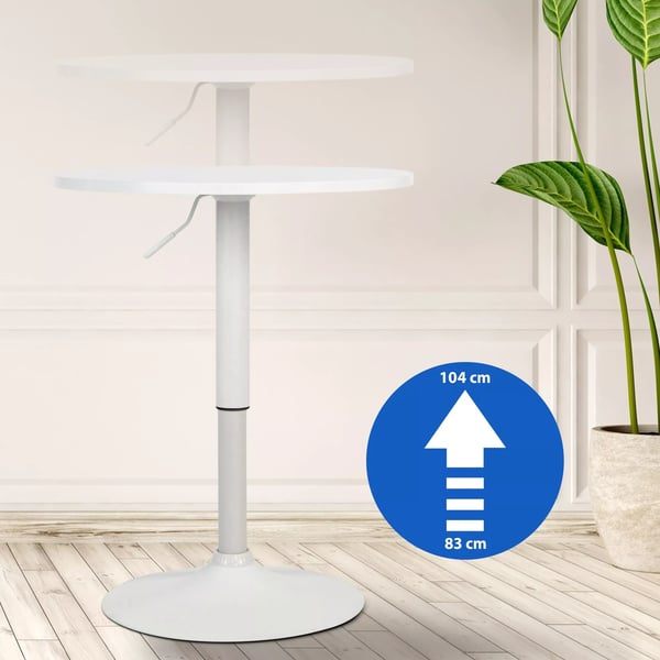 Lamoni Justerbart Rundt Barbord - Hvid Træplade, Metalbase, 60 cm Diameter, 85-106 cm Højde
