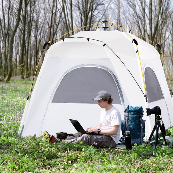 Outsunny Kuppeltelt til 4 pers. Lysegrå Polyester, 1000mm vandsøjle, UV beskyttelse, let & vandtæt til camping/rejse