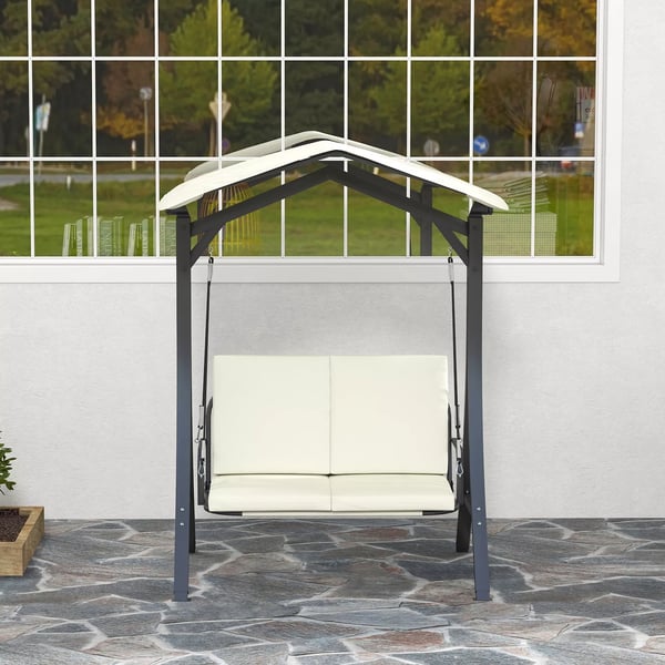 Outsunny Hollywood gyngestol til 2 personer med justerbar solskærm, sædepude, beskyttelsescover. Cremefarvet, polyester, 150x120x182 cm.