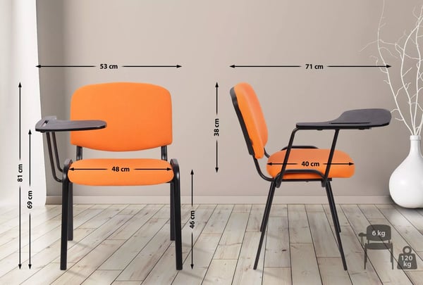 Sæt med 4 orange stof Ken-stole med klapbord og mat sort metalramme