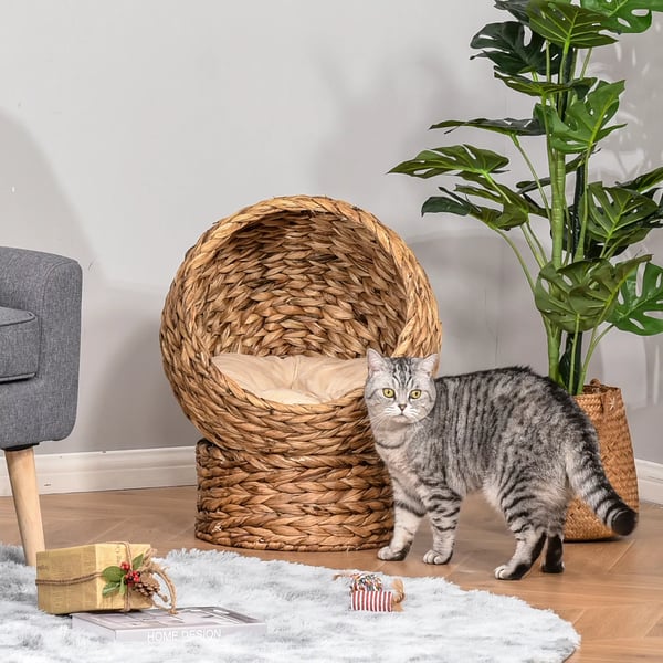 PawHut Kattehuleseng i Vandhyacint - Lysebrun Kurv til Katte med Pude - Ø45cm