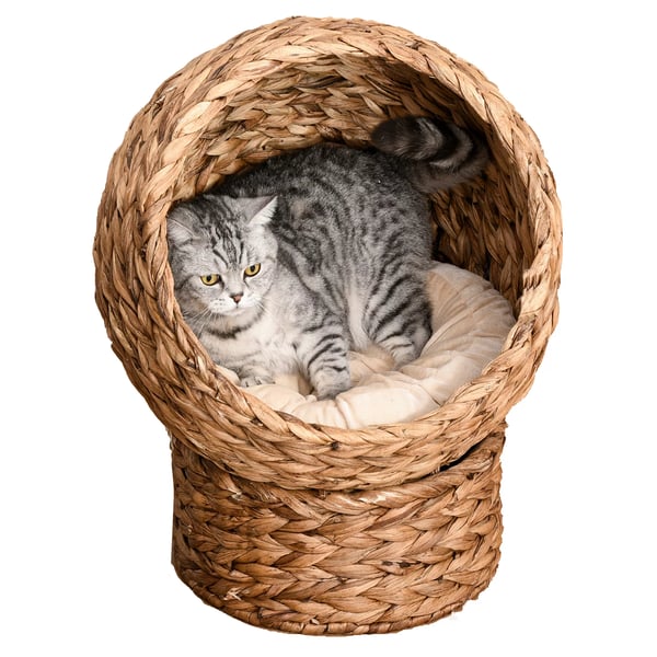 PawHut Kattehuleseng i Vandhyacint - Lysebrun Kurv til Katte med Pude - Ø45cm
