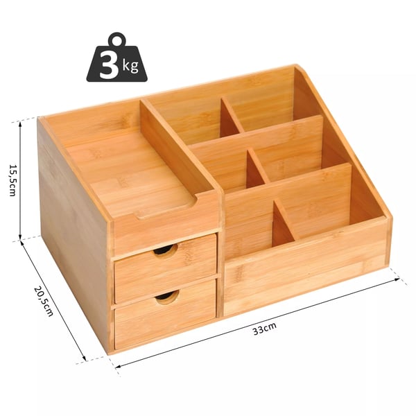 HOMCOM Skrivebordsorganizer i Bambus med 2 Skuffer og 7 Rum - Natur, L33 x B20,5 x H15,5 cm