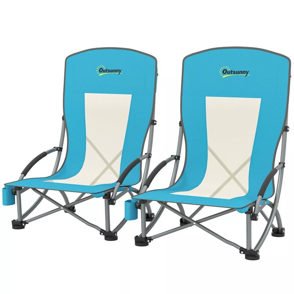 Outsunny 2 stk. Blå Campingstole Sammenklappelige med Kopholder og Bæretaske - Holdbar Metalramme & Oxfordstof
