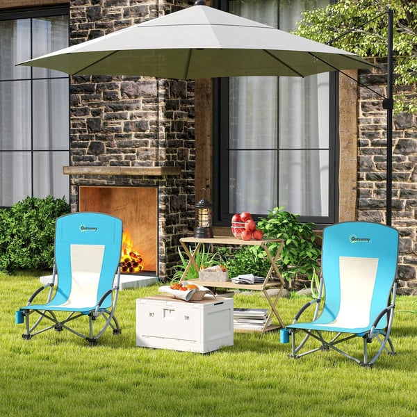 Outsunny 2 stk. Blå Campingstole Sammenklappelige med Kopholder og Bæretaske - Holdbar Metalramme & Oxfordstof