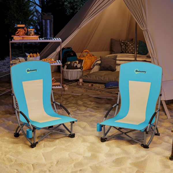 Outsunny 2 stk. Blå Campingstole Sammenklappelige med Kopholder og Bæretaske - Holdbar Metalramme & Oxfordstof